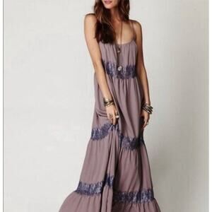 Free People Gray Satin Lace Maxi Slip Dress Small Tiered